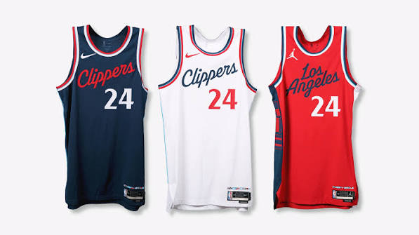 Los Angeles Clippers navy, white, and red jerseys from the current rebrand