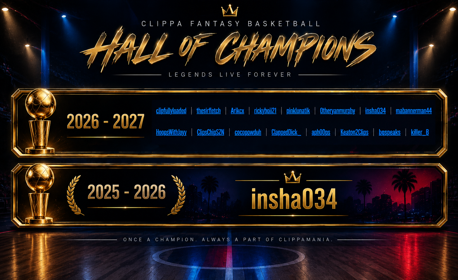 Clippa Fantasy Basketball Hall of Champions with 2026-2027 contenders and 2025-2026 champion insha034